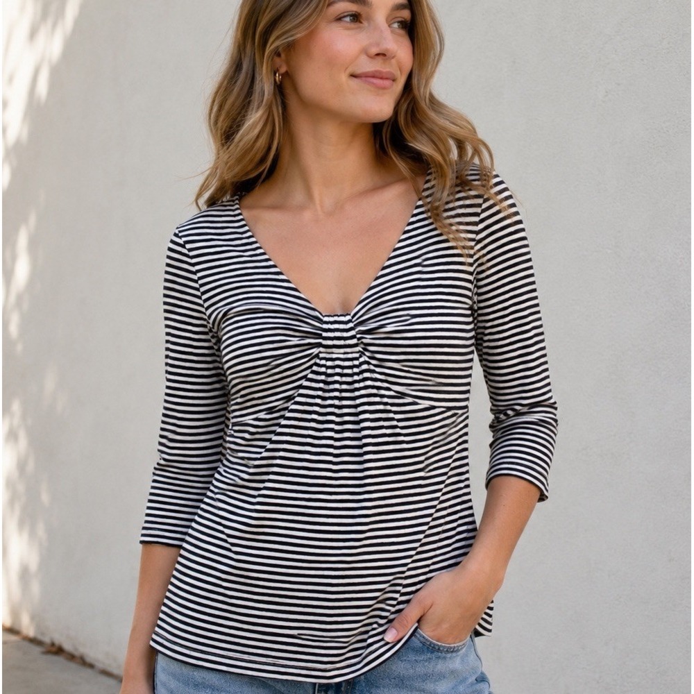 Banana Republic Womens Black White Striped Ruched V-Neck 3/4 Sleeve Cotton Top S